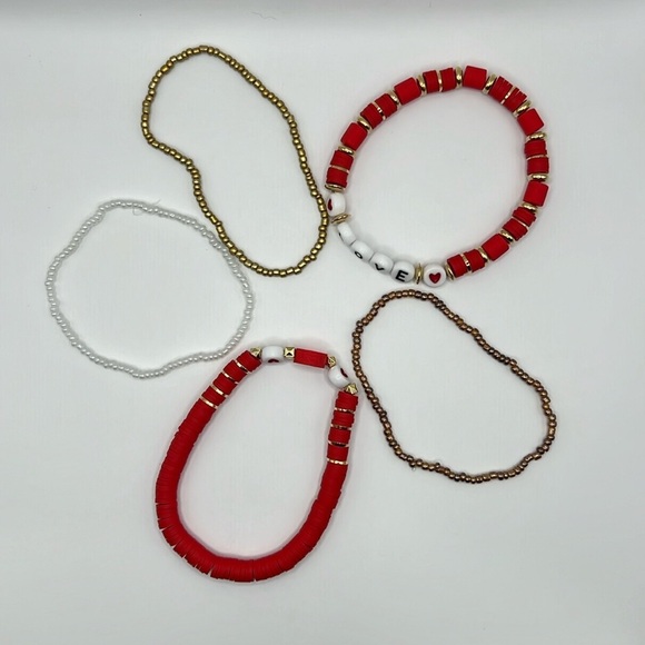 5PC Red and Gold Love Letter Faux Pearl Bracelet Stack - Picture 3 of 4